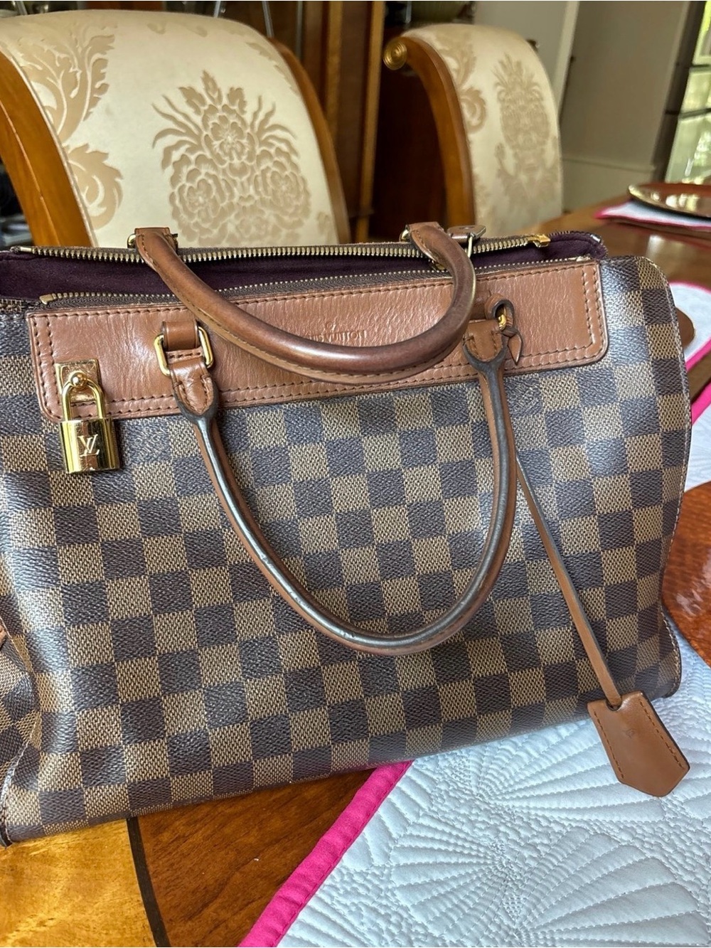 Louis Vuitton Damier Ebene Satchel with Brown Leather Trim and Gold Hardware